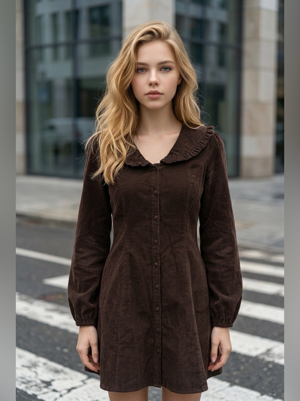 NWT Camila Coelho Brown Corduroy Ruffle Collar Mini Dress Size 4